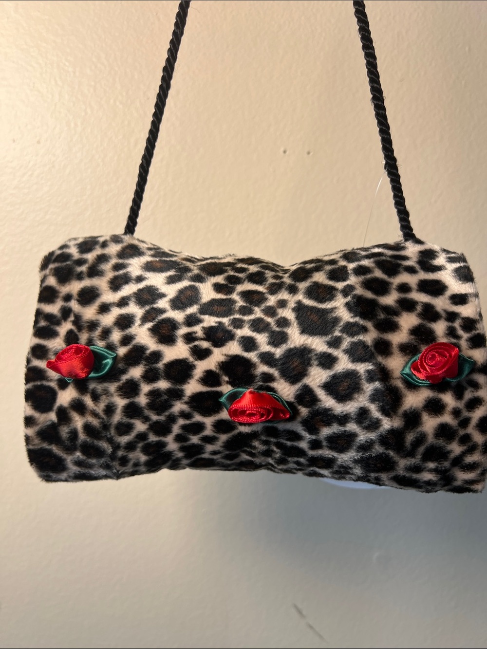Hartstrings Muff Leopard Faux Fur Mini with Red Rose Accents NOS